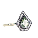0.70ct Shield Cut Montana Sapphire and Blackened Gold Bezel Set Diamond Halo In 14k Green Gold