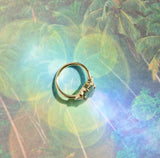 3.05ct Untreated Fantasy Cut Green Sapphire and Diamond Three Stone Antique Compass Style Low Profile Ring in 18k Yellow Gold