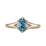 1.46ct Oval Precision Cut Montana Sapphire Low Profile Six Prong Split Shank Solitaire in 14k Yellow Gold