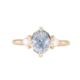 2.09ct Untreated Tanzanian Color Shifting Fantasy Cut Sapphire and Diamond Antique Milgrain Three Stone Low Profile Ring in 14k Yellow Gold