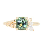 1.75ct Multicolor Cushion Cut Madagascar Sapphire in Wandering Vine Low Profile 4 Prong Setting with Diamonds in 14k Yellow
