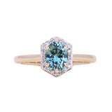 1.11ct Oval Untreated Montana Sapphire Hexagon Diamond Halo Stackable Ring in 14k Yellow Gold