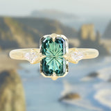 1.62ct Untreated Green Kenyan Fantasy Cut Radiant Sapphire and Kite Diamond Compass Set Three Stone Low Profile Ring in 18k Yellow Gold