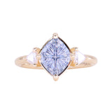 1.93ct Untreated Fantasy Cut Montana Sapphire and Diamond Antique Milgrain Three Stone Low Profile Ring in 14k Yellow Gold