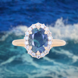 2.35ct Oval Glowy Teal Blue Untreated Nigerian Sapphire Antique-Style Diamond Halo Ring in 14k Yellow Gold