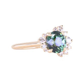 2.0ct Untreated Roval Teal Green Sapphire and Diamond Asymmetrical Cluster Ring in 14k Yellow Gold