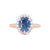 2.35ct Oval Glowy Teal Blue Untreated Nigerian Sapphire Antique-Style Diamond Halo Ring in 14k Yellow Gold