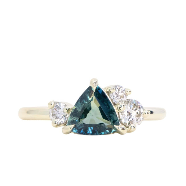 1.16ct Trillion Ocean Blue Sapphire and Natural Diamond Mountainscape Ring in 14k Green Gold