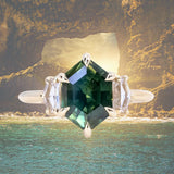 3.33ct Untreated Elongated Hexagon Sapphire and White Cadillac Sapphire Three Stone Ring in 14k Yellow Gold