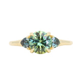 1.50ct Round Parti Yellow Blue Precision Cut Montana Sapphire and Trillion Sapphire Low Profile Three Stone Ring in 18k Yellow Gold
