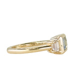 1.06ct Unheated Step Cut Teal Bezel Set Sapphire and White Cadillac Prong Set Sapphire Low Profile Three Stone Ring in 14k Yellow Gold