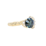 3.05ct Round Deep Blue Green Madagascar Sapphire and Diamond Evergreen Asymmetrical Cluster Ring in 8k Yellow Gold