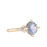 2.09ct Untreated Tanzanian Color Shifting Fantasy Cut Sapphire and Diamond Antique Milgrain Three Stone Low Profile Ring in 14k Yellow Gold