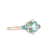 1.55ct Cushion Cut Montana Sapphire and Trillion Sapphire Antique Compass Set Low Profile Ring in 14k Yellow Gold