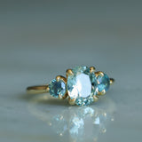 1.74ct Unheated Oval Montana Sapphire and Madagascar Sapphire Low Profile Three Stone Ring in 18k Yellow Gold