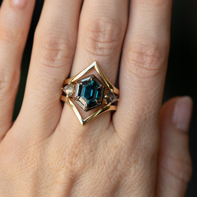 3.47ct Elongated Hexagon Deep Teal Sapphire and Salt and Pepper Diamond Three Stone Ring in 18k Yellow and Blackened Gold