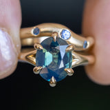 4.07ct Oval Deep Teal Sapphire Low Profile Six Prong Split Shank Solitaire in 14k Yellow Gold