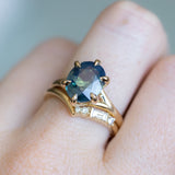 4.07ct Oval Deep Teal Sapphire Low Profile Six Prong Split Shank Solitaire in 14k Yellow Gold