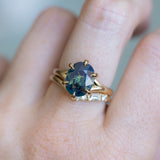 4.07ct Oval Deep Teal Sapphire Low Profile Six Prong Split Shank Solitaire in 14k Yellow Gold