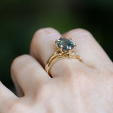 4.07ct Oval Deep Teal Sapphire Low Profile Six Prong Split Shank Solitaire in 14k Yellow Gold