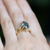 4.07ct Oval Deep Teal Sapphire Low Profile Six Prong Split Shank Solitaire in 14k Yellow Gold