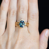 4.07ct Oval Deep Teal Sapphire Low Profile Six Prong Split Shank Solitaire in 14k Yellow Gold