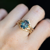 4.07ct Oval Deep Teal Sapphire Low Profile Six Prong Split Shank Solitaire in 14k Yellow Gold