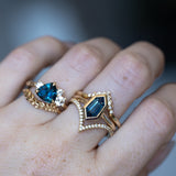 1.76ct Trillion Ocean Blue Montana Sapphire and Natural Diamond Mountainscape Ring in 14k Yellow Gold