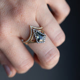 1.47ct Geo Kite Madagascar Sapphire and Blackened Gold Diamond Split Shank Low Profile Halo in 14k Yellow Gold