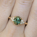 2.30ct Oval Deep Green and Teal Sapphire and Diamond Cluster Ring in 14k Yellow Gold