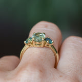 1.74ct Unheated Oval Montana Sapphire and Madagascar Sapphire Low Profile Three Stone Ring in 18k Yellow Gold