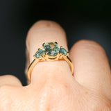 1.74ct Unheated Oval Montana Sapphire and Madagascar Sapphire Low Profile Three Stone Ring in 18k Yellow Gold