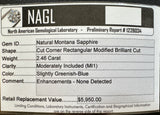 2.46CT RADIANT CUT MONTANA SAPPHIRE, TEAL BLUE GREEN-GREY, 7.71X7.07X5MM, UNTREATED - APPRAISED STONE