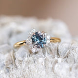 1.37ct Midnight Purple-Blue Montana Sapphire Oval and Diamond Asymmetrical Cluster Ring in Two Tone 18k Yellow and Platinum