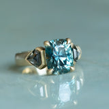 24 HOUR HOLD - 4.86ct Teal Elongated Cushion Sapphire and Salt and Pepper Diamond Three Stone Ring in 14k Yellow