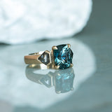 24 HOUR HOLD - 4.86ct Teal Elongated Cushion Sapphire and Salt and Pepper Diamond Three Stone Ring in 14k Yellow