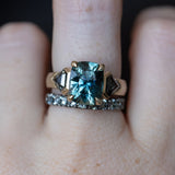 24 HOUR HOLD - 4.86ct Teal Elongated Cushion Sapphire and Salt and Pepper Diamond Three Stone Ring in 14k Yellow