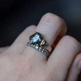 24 HOUR HOLD - 4.86ct Teal Elongated Cushion Sapphire and Salt and Pepper Diamond Three Stone Ring in 14k Yellow