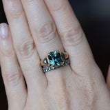 24 HOUR HOLD - 4.86ct Teal Elongated Cushion Sapphire and Salt and Pepper Diamond Three Stone Ring in 14k Yellow