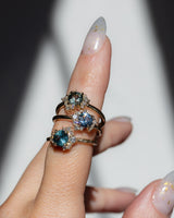 1.15ct Round Teal Montana Sapphire and Diamond Asymmetrical Cluster Ring in 14k Yellow gold with Evergreen Texture