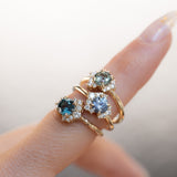 1.15ct Round Teal Montana Sapphire and Diamond Asymmetrical Cluster Ring in 14k Yellow gold with Evergreen Texture