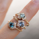 1.15ct Round Teal Montana Sapphire and Diamond Asymmetrical Cluster Ring in 14k Yellow gold with Evergreen Texture