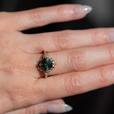 3.10ct Cushion Cut Untreated Umba Teal Green Sapphire Scalloped Diamond Cluster Ring in 14k Yellow Gold