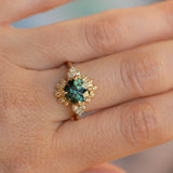 3.10ct Cushion Cut Untreated Umba Teal Green Sapphire Scalloped Diamond Cluster Ring in 14k Yellow Gold