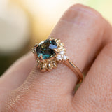 3.10ct Cushion Cut Untreated Umba Teal Green Sapphire Scalloped Diamond Cluster Ring in 14k Yellow Gold