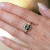 3.10ct Cushion Cut Untreated Umba Teal Green Sapphire Scalloped Diamond Cluster Ring in 14k Yellow Gold