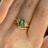 1.70ct Green Kenyan Fantasy Cut Sapphire and Diamond Antique Milgrain Three Stone Low Profile Ring in 18k Yellow Gold