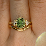 1.70ct Green Kenyan Fantasy Cut Sapphire and Diamond Antique Milgrain Three Stone Low Profile Ring in 18k Yellow Gold