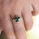 3.10ct Cushion Cut Untreated Umba Teal Green Sapphire Scalloped Diamond Cluster Ring in 14k Yellow Gold