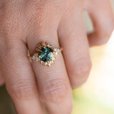 3.10ct Cushion Cut Untreated Umba Teal Green Sapphire Scalloped Diamond Cluster Ring in 14k Yellow Gold